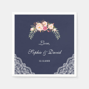 Charm Blush Pink Flowers Lace Navy Wedding Napkin