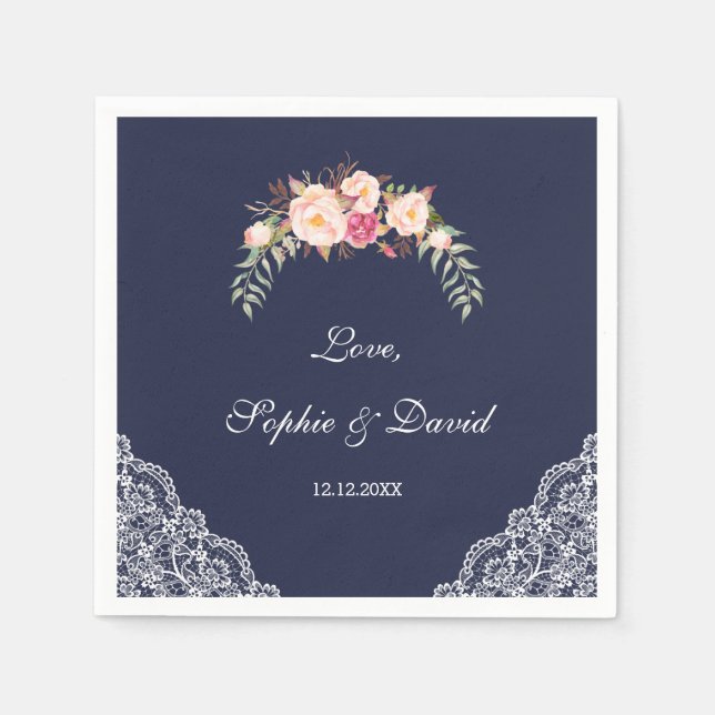 Charm Blush Pink Flowers Lace Navy Wedding Napkin (Front)