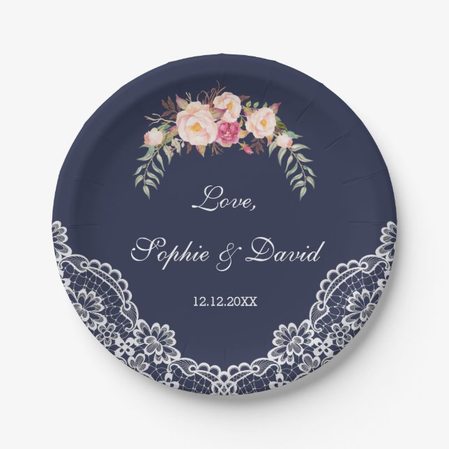 Charm Blush Pink Flowers Lace Navy Wedding Paper Plate (Front)