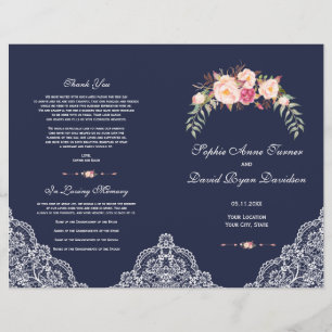 Charm Blush Pink Flowers Lace Navy Wedding Program Flyer