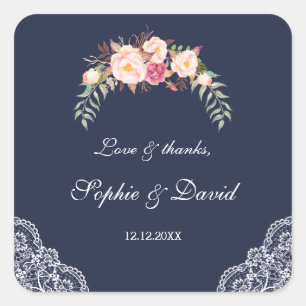 Charm Blush Pink Flowers Lace Navy Wedding Square Sticker