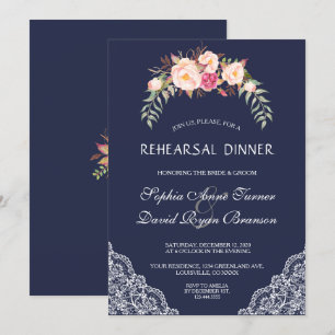 Charm Blush Pink Flowers Lace Rehearsal Dinner Invitation