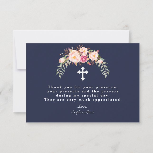 Charm Blush Pink Flowers Navy Blue Girl Baptism Thank You Card (Front)