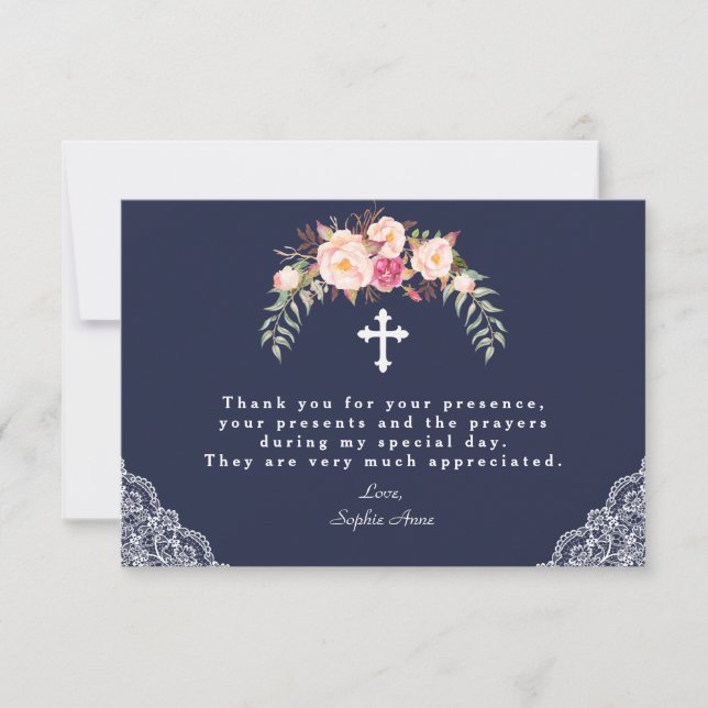 Charm Blush Pink Flowers Navy Lace Girl Baptism Thank You Card (Front)