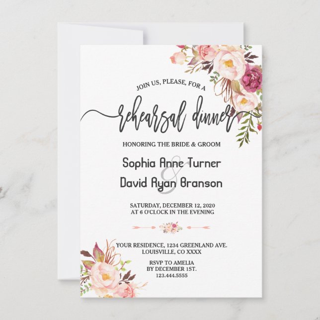 Charm Blush Red Pink Floral Rehearsal Dinner Invitation (Front)