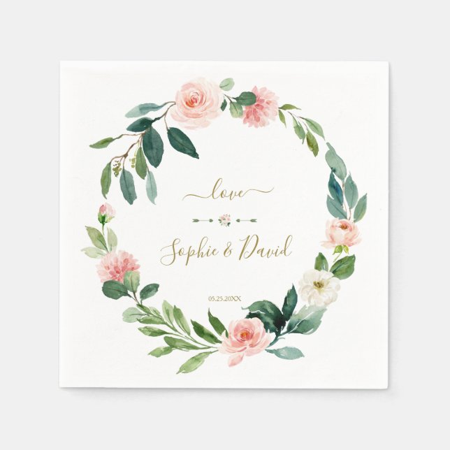 Charm Blush White Flowers Calligraphy Wedding Napkin (Front)