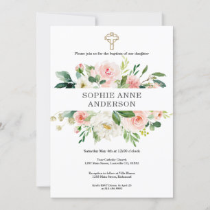 Charm Blush White Flowers Gold Cross Girl Baptism Invitation