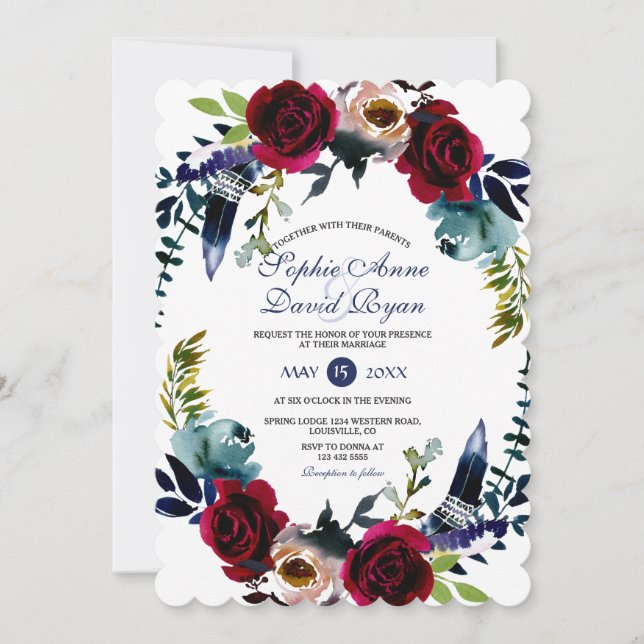 Charm Boho Floral Marsala Navy Blue Wedding Invitation (Front)