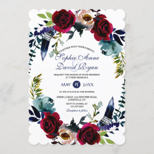 Charm Boho Floral Marsala Navy Blue Wedding Invitation