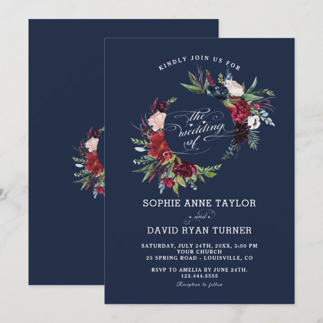 Charm Burgundy Blue Flowers Geometric Wedding Invitation (Front/Back)