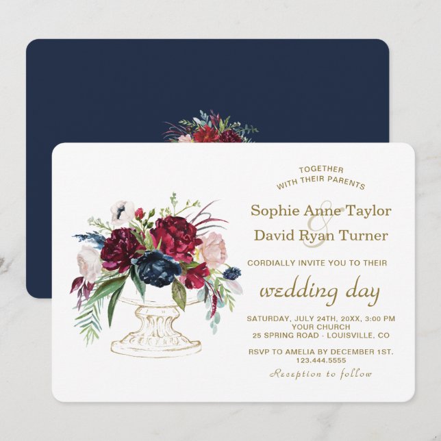Charm Burgundy Blue Watercolor Flowers Wedding Invitation (Front/Back)