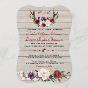 Charm Burgundy Blush Floral Antlers Barn Wedding Invitation