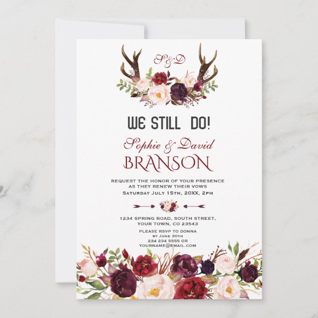 Charm Burgundy Blush Floral Antlers WE STILL DO Invitation (Front)