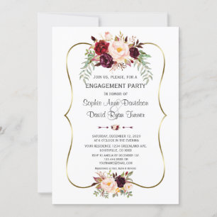 Charm Burgundy Blush Floral Gold Engagement Invitation