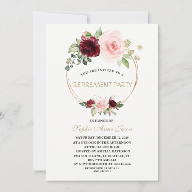 Charm Burgundy Blush Floral Gold Retirement Party Invitation (Front)