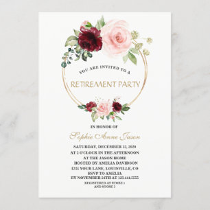 Charm Burgundy Blush Floral Gold Retirement Party Invitation