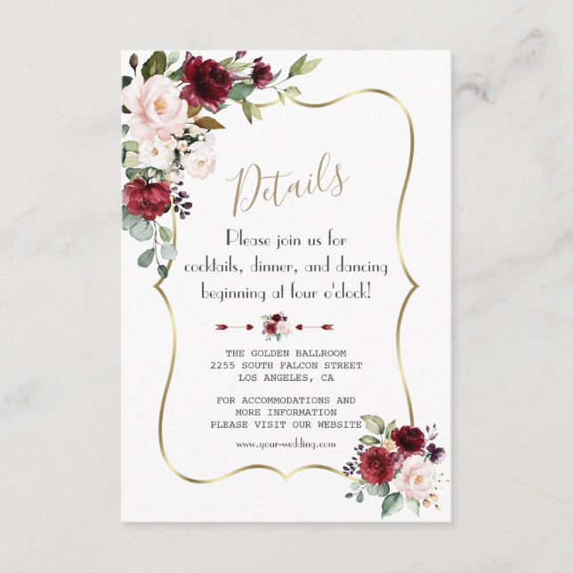 Charm Burgundy Blush Floral Gold Wedding Details Enclosure Card (Front)