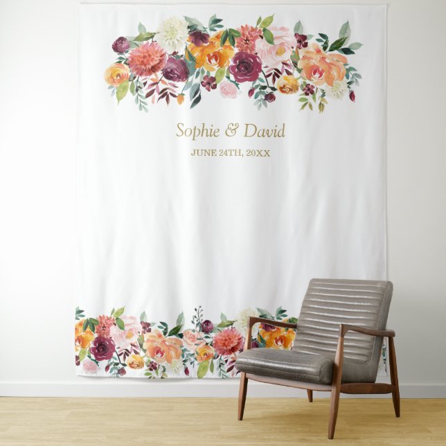 Charm Burgundy Blush Floral Photo Booth Backdrop Tapestry (In Situ)