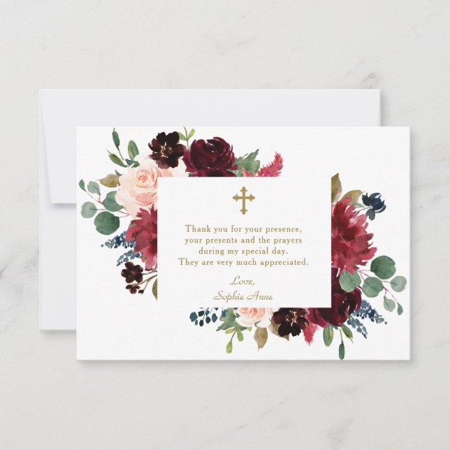 Charm Burgundy Blush Flowers Cross Girl Baptism Thank You Card (Front)