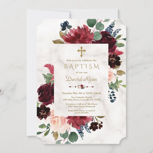 Charm Burgundy Blush Flowers Cross Marble Baptism Invitation (Front)