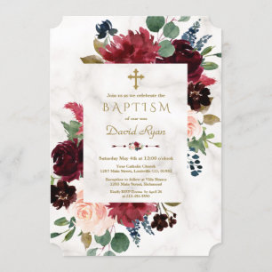 Charm Burgundy Blush Flowers Cross Marble Baptism Invitation