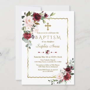 Charm Burgundy Blush Flowers Gold Cross Baptism Invitation