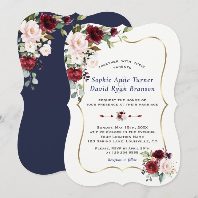 Charm Burgundy Blush Flowers Gold Frame Wedding Invitation (Front/Back)