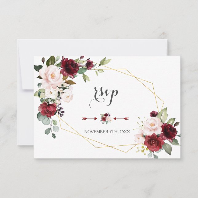 Charm Burgundy Blush Flowers Gold Frame Wedding RSVP Card (Front)