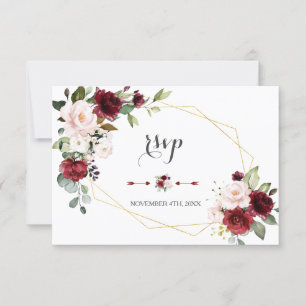 Charm Burgundy Blush Flowers Gold Frame Wedding RSVP Card