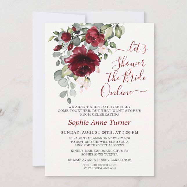Charm Burgundy Blush Flowers Virtual Bridal Shower Invitation (Front)