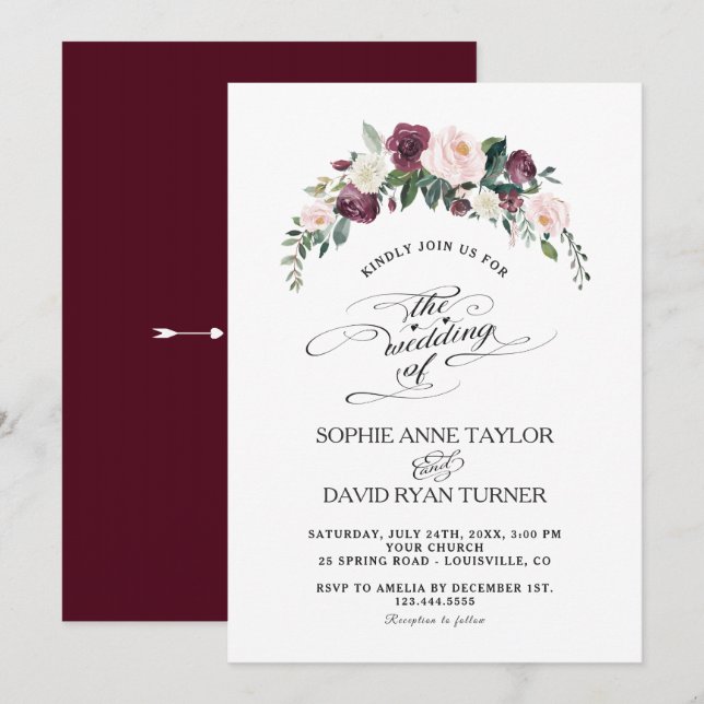 Charm Burgundy Blush Ivory Floral Bloom Wedding Invitation (Front/Back)