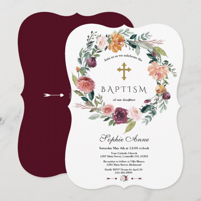 Charm Burgundy Blush Ivory Floral Wreath Baptism Invitation (Front/Back)