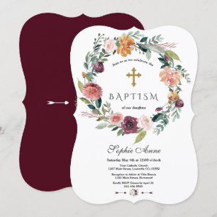 Charm Burgundy Blush Ivory Floral Wreath Baptism Invitation