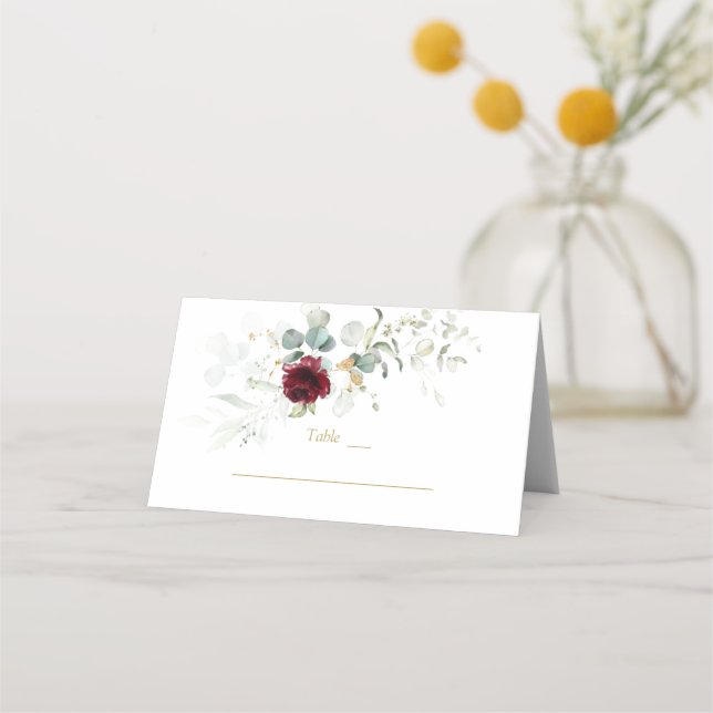 Charm Burgundy Floral Airy Greenery Table Number  Place Card (Front)