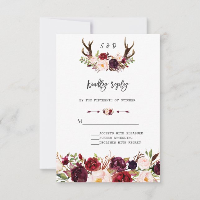 Charm Burgundy Floral Antlers Handwriting RSVP Card (Front)