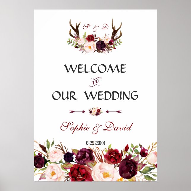 Charm Burgundy Floral Antlers Welcome Wedding Sign (Front)