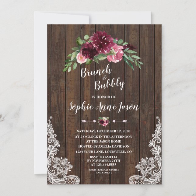 Charm Burgundy Floral Brunch Bubbly Bridal Shower Invitation (Front)