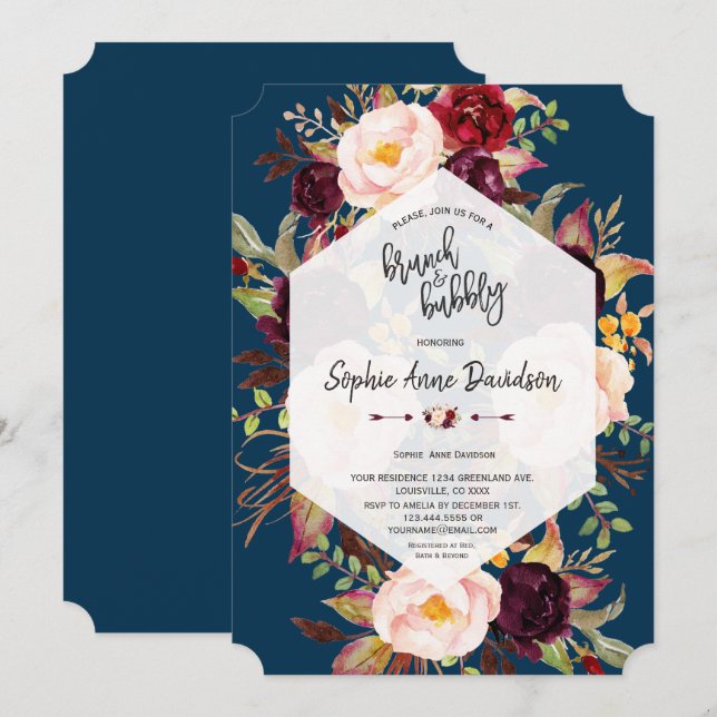 Charm Burgundy Floral Geometric Brunch and Bubbly Invitation (Front/Back)