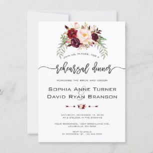 Charm Burgundy Floral Handwriting Rehearsal Dinner Invitation