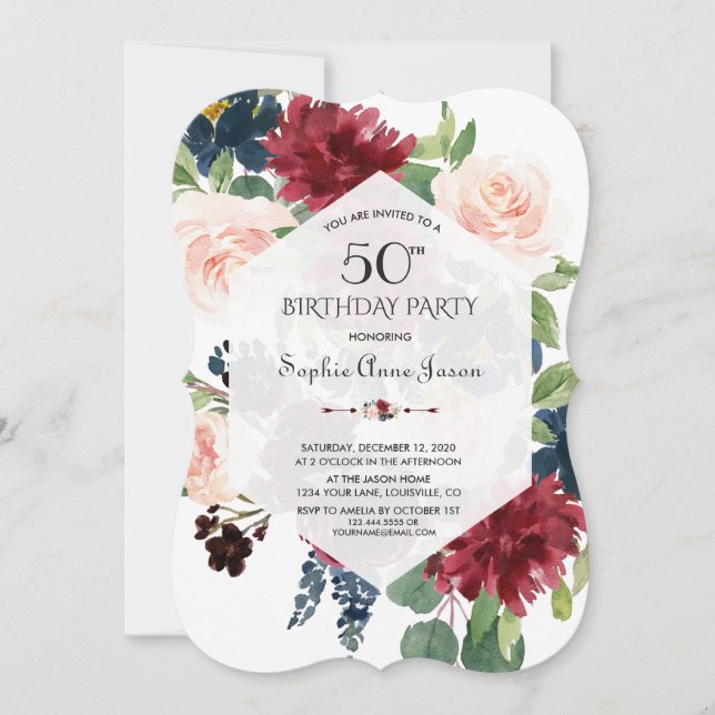 Charm Burgundy Floral Hexagon Frame 50th Birthday Invitation (Front)