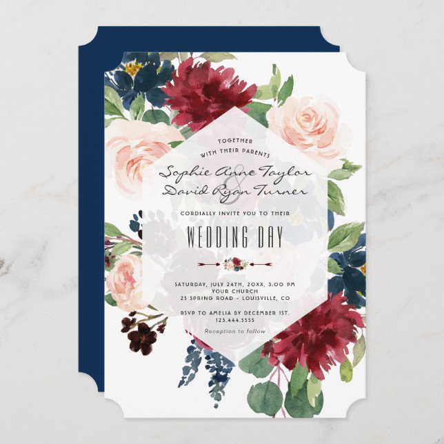 Charm Burgundy Floral Hexagon Frame Wedding Invitation (Front/Back)