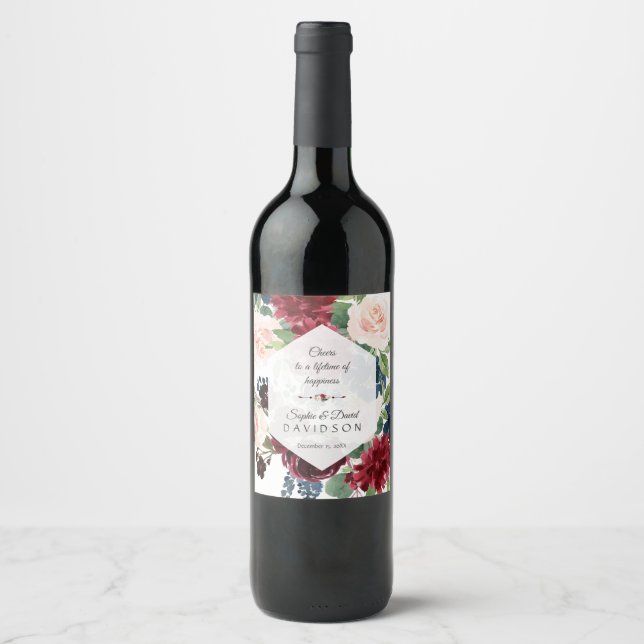 Charm Burgundy Floral Hexagon Frame Wedding Wine Label (Front)
