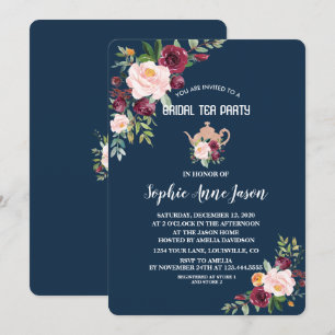 Charm Burgundy Floral Navy Bridal Shower Tea Party Invitation