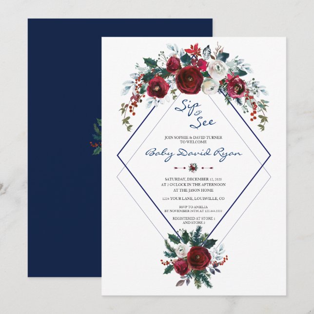 Charm Burgundy Floral Navy Sip & See Baby Shower Invitation (Front/Back)