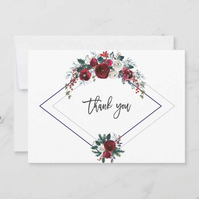 Charm Burgundy Floral Pine Navy Wedding Thank you (Front)
