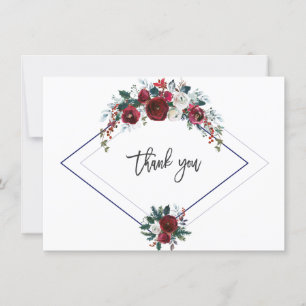 Charm Burgundy Floral Pine Navy Wedding Thank you Card