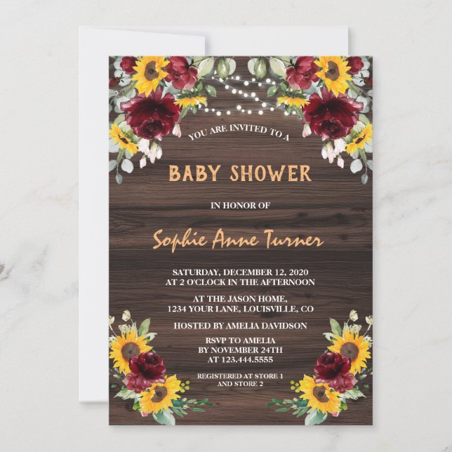 Charm Burgundy Floral Sunflowers Wood Baby Shower Invitation (Front)