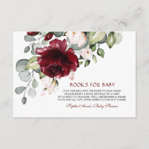 Charm Burgundy Flowers Books For Baby Shower Enclosure Card