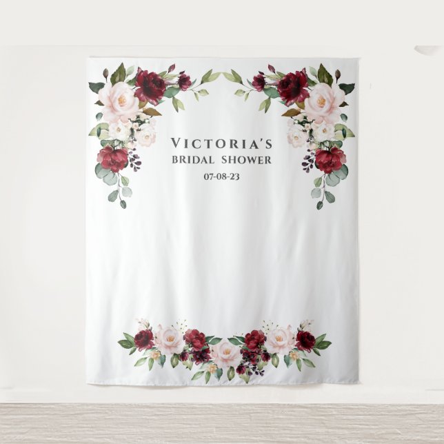 Charm Burgundy Flowers Bridal Shower Photo Prop Tapestry (Front)