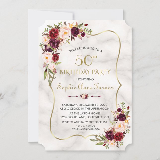 Charm Burgundy Flowers Gold Marble 50th Birthday Invitation (Front)